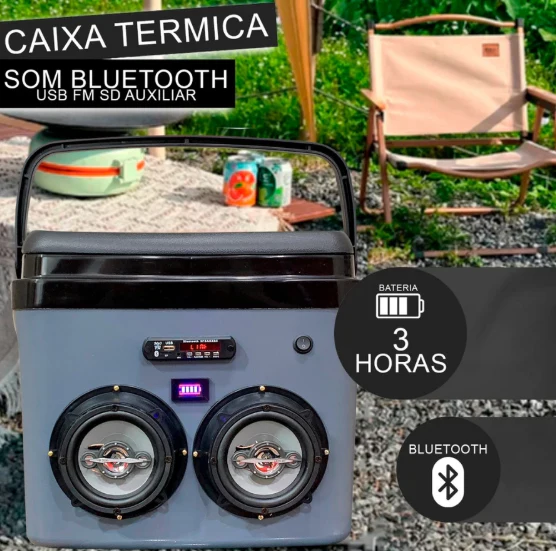 Painel superior com entradas USB, FM e SD da caixa térmica 32L